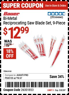 Harbor Freight Coupon BAUER BI-METAL RECIPROCATING SAW BLADE SET, 9-PIECE Lot No. 64168 Valid Thru: 3/8/26 - $12.99