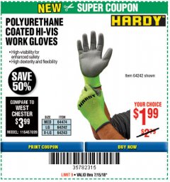 Harbor Freight Coupon POLYURETHANE COATED HI-VIS WORK GLOVES Lot No. 64474/64242/64243 Expired: 7/15/18 - $1.99