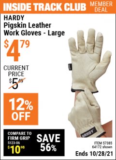 Harbor Freight ITC Coupon PIGSKIN LEATHER WORK GLOVES Lot No. 64173/57387/64174/57386/64172 Expired: 10/28/21 - $4.79