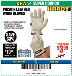 Harbor Freight Coupon PIGSKIN LEATHER WORK GLOVES Lot No. 64173/57387/64174/57386/64172 Expired: 7/15/18 - $3.99