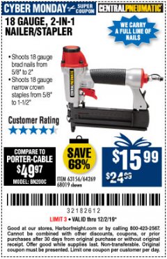 Harbor Freight Coupon 18 GAUGE, 2-IN-1 NAILER/STAPLER Lot No. 63156/64269/68019 Expired: 12/1/19 - $15.99