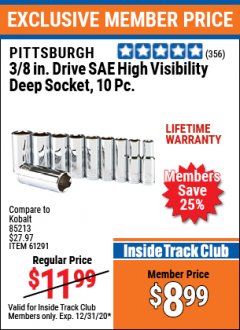 Harbor Freight ITC Coupon 10 PIECE 3/8" DRIVE HIGH VISIBILITY DEEP SOCKET SETS Lot No. 67866/61291/67867/61300 Expired: 12/31/20 - $8.99