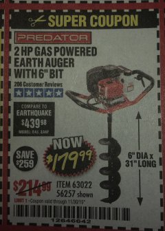 Harbor Freight Coupon PREDATOR 2 HP GAS POWERED EARTH AUGER WITH 6" BIT Lot No. 63022/56257 Expired: 11/30/19 - $179.99