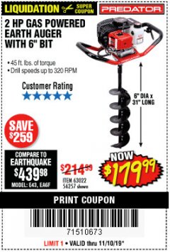 Harbor Freight Coupon PREDATOR 2 HP GAS POWERED EARTH AUGER WITH 6" BIT Lot No. 63022/56257 Expired: 11/10/19 - $179.99
