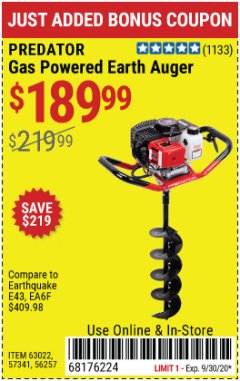 Harbor Freight Coupon PREDATOR 2 HP GAS POWERED EARTH AUGER WITH 6" BIT Lot No. 63022/56257 Expired: 9/30/20 - $189.99