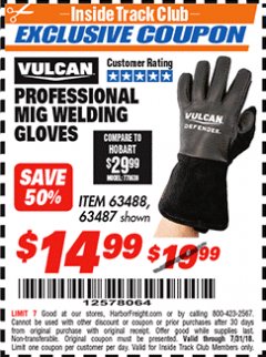 Harbor Freight ITC Coupon PROFESSIONAL MIG WELDING GLOVES Lot No. 63488 Expired: 7/31/18 - $14.99