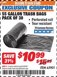 Harbor Freight ITC Coupon 55 GALLON TRASH BAGS Lot No. 63901 Expired: 6/30/20 - $10.99