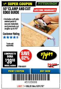 Harbor Freight Coupon 50" CLAMP AND CUT EDGE GUIDE Lot No. 66581 Expired: 8/31/18 - $14.99