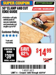 Harbor Freight Coupon 50" CLAMP AND CUT EDGE GUIDE Lot No. 66581 Expired: 8/27/18 - $14.99