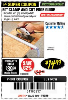 Harbor Freight Coupon 50" CLAMP AND CUT EDGE GUIDE Lot No. 66581 Expired: 11/30/18 - $14.99