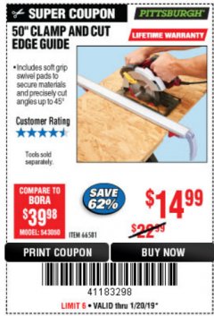 Harbor Freight Coupon 50" CLAMP AND CUT EDGE GUIDE Lot No. 66581 Expired: 1/20/19 - $14.99