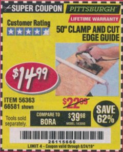 Harbor Freight Coupon 50" CLAMP AND CUT EDGE GUIDE Lot No. 66581 Expired: 8/24/19 - $14.99