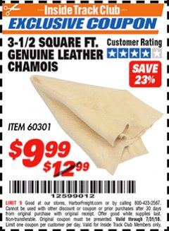 Harbor Freight ITC Coupon 3-1/2 SQUARE FT. GENUINE LEATHER CHAMOIS Lot No. 60301 Expired: 7/31/18 - $9.99