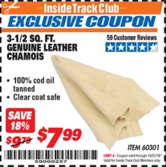 Harbor Freight ITC Coupon 3-1/2 SQUARE FT. GENUINE LEATHER CHAMOIS Lot No. 60301 Expired: 10/31/19 - $7.99