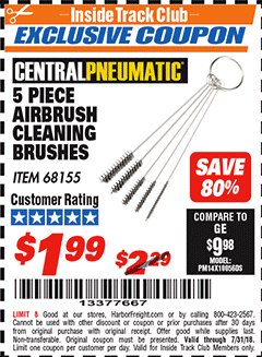 Harbor Freight ITC Coupon 5 PIECE AIRBRUSH CLEANING BRUSHES Lot No. 68155 Expired: 7/31/18 - $1.99