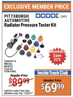 Harbor Freight ITC Coupon RADIATOR PRESSURE TESTER KIT Lot No. 63893/63862 Expired: 1/28/21 - $69.99