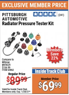 Harbor Freight ITC Coupon RADIATOR PRESSURE TESTER KIT Lot No. 63893/63862 Expired: 1/28/21 - $69.99