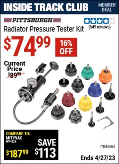 Harbor Freight ITC Coupon RADIATOR PRESSURE TESTER KIT Lot No. 63893/63862 Expired: 4/27/23 - $74.99