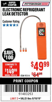 Harbor Freight Coupon ELECTRONIC REFRIGERANT LEAK DETECTOR Lot No. 92514 Expired: 8/18/19 - $49.99