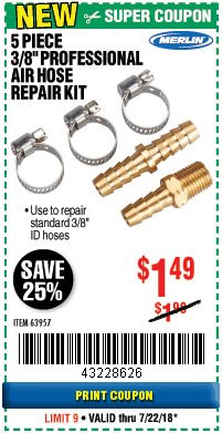 Harbor Freight Coupon 5 PIECE 3/8” PROFESSIONAL AIR HOSE REPAIR KIT Lot No. 63957 Expired: 7/22/18 - $1.49