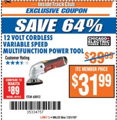 Harbor Freight ITC Coupon 12 VOLT LITHIUM-ION CORDLESS MULTIFUNCTION POWER TOOL Lot No. 68012 Expired: 7/31/18 - $31.99