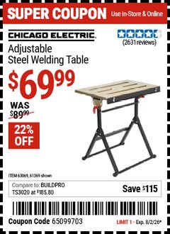 Harbor Freight Coupon CHICAGO ELECTRIC ADJUSTABLE STEEL WELDING TABLE Lot No. 61369/63069 Expired: 8/2/26 - $69.99