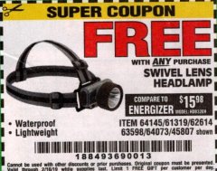 Harbor Freight FREE Coupon HEADLAMP WITH SWIVEL LENS Lot No. 45807/61319/63598/62614 Expired: 2/16/19 - FWP