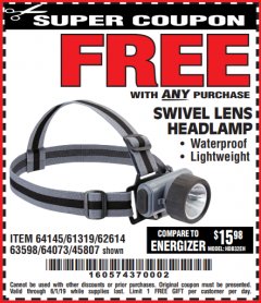 Harbor Freight FREE Coupon HEADLAMP WITH SWIVEL LENS Lot No. 45807/61319/63598/62614 Expired: 6/1/19 - FWP