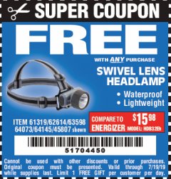 Harbor Freight FREE Coupon HEADLAMP WITH SWIVEL LENS Lot No. 45807/61319/63598/62614 Expired: 7/19/19 - FWP