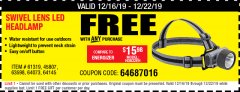 Harbor Freight FREE Coupon HEADLAMP WITH SWIVEL LENS Lot No. 45807/61319/63598/62614 Expired: 12/22/19 - FWP