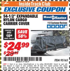 Harbor Freight ITC Coupon 54-1/2" EXPANDABLE NYLON CARGO CARRIER COVER Lot No. 95165 Expired: 5/31/19 - $24.99