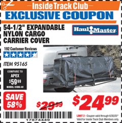 Harbor Freight ITC Coupon 54-1/2" EXPANDABLE NYLON CARGO CARRIER COVER Lot No. 95165 Expired: 6/30/20 - $24.99