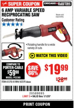 Harbor Freight Coupon 6 AMP HEAVY DUTY RECIPROCATING SAW Lot No. 61884/65570/62370 Expired: 1/1/20 - $19.99