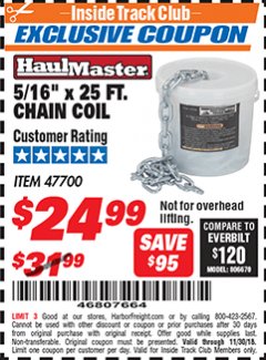 Harbor Freight ITC Coupon 5/16'' X 25 FT. CHAIN COIL Lot No. 47700 Expired: 11/30/18 - $24.99