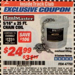 Harbor Freight ITC Coupon 5/16'' X 25 FT. CHAIN COIL Lot No. 47700 Expired: 7/31/19 - $24.99
