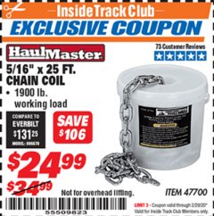 Harbor Freight ITC Coupon 5/16'' X 25 FT. CHAIN COIL Lot No. 47700 Expired: 2/29/20 - $24.99