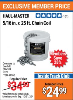 Harbor Freight ITC Coupon 5/16'' X 25 FT. CHAIN COIL Lot No. 47700 Expired: 10/31/20 - $24.99