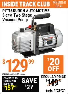 Harbor Freight ITC Coupon 3 CFM TWO STAGE VACUUM PUMP Lot No. 61176/60805 Expired: 4/29/21 - $12.99