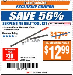 Harbor Freight ITC Coupon SERPENTINE BELT TOOL KIT Lot No. 63077/66344/63689 Expired: 7/22/18 - $12.99