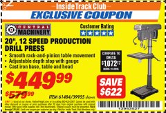 Harbor Freight ITC Coupon 20'', 12 SPEED PRODUCTION DRILL PRESS Lot No. 61484/39955 Expired: 7/31/18 - $449.99