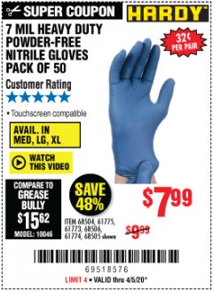 Harbor Freight Coupon 7 MIL HEAVY DUTY POWDER-FREE NITRILE GLOVES PACK OF 50 Lot No. 68504/61775/61773/68506/61774/68505 Expired: 6/30/20 - $7.99