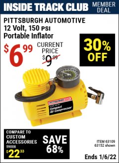 Harbor Freight ITC Coupon 12 VOLT, 150 PSI PORTABLE INFLATOR Lot No. 63109/4077/63152 Expired: 1/6/22 - $6.99
