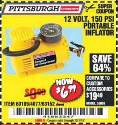 Harbor Freight Coupon 12 VOLT, 150 PSI PORTABLE INFLATOR Lot No. 63109/4077/63152 Expired: 12/1/18 - $6.99