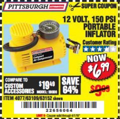 Harbor Freight Coupon 12 VOLT, 150 PSI PORTABLE INFLATOR Lot No. 63109/4077/63152 Expired: 4/1/19 - $6.99