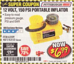 Harbor Freight Coupon 12 VOLT, 150 PSI PORTABLE INFLATOR Lot No. 63109/4077/63152 Expired: 11/30/19 - $6.99