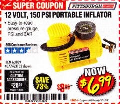 Harbor Freight Coupon 12 VOLT, 150 PSI PORTABLE INFLATOR Lot No. 63109/4077/63152 Expired: 3/31/20 - $6.99