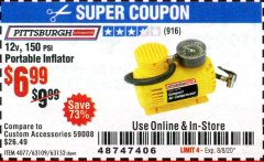 Harbor Freight Coupon 12 VOLT, 150 PSI PORTABLE INFLATOR Lot No. 63109/4077/63152 Expired: 8/8/20 - $6.99