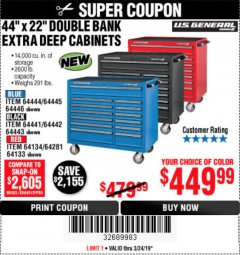 Harbor Freight Coupon 44" X 22" DOUBLE BANK EXTRA DEEP ROLLER CABINETS Lot No. 64444/64445/64446/64441/64442/64443/64281/64134/64133/64954/64955/64956 Expired: 3/24/19 - $449.99