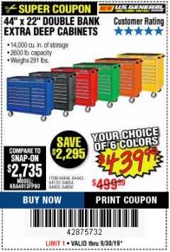 Harbor Freight Coupon 44" X 22" DOUBLE BANK EXTRA DEEP ROLLER CABINETS Lot No. 64444/64445/64446/64441/64442/64443/64281/64134/64133/64954/64955/64956 Expired: 9/30/19 - $439.99