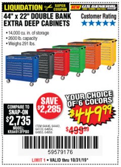 Harbor Freight Coupon 44" X 22" DOUBLE BANK EXTRA DEEP ROLLER CABINETS Lot No. 64444/64445/64446/64441/64442/64443/64281/64134/64133/64954/64955/64956 Expired: 10/31/19 - $449.99